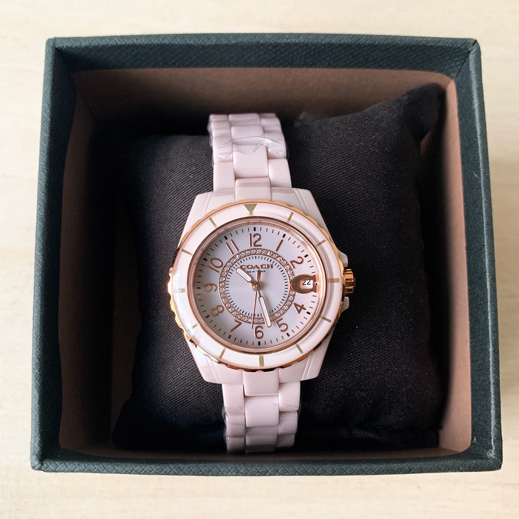 COACH 時尚小香款晶鑽陶瓷腕錶(14503463) 32mm 粉色石英錶 陶瓷錶帶 礦物玻璃【壽司羊羊】全新商品