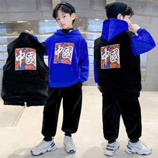110-160CM 三件式裝組合 男童刷毛加厚連帽外套 兒童拜年服大學T 過年新年加棉衣服 紅色喜慶刷毛上衣