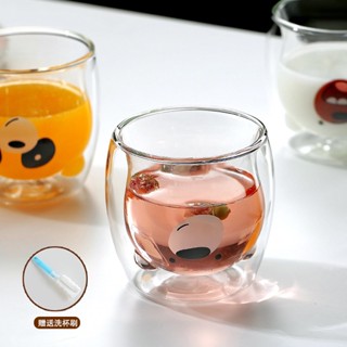 【送洗杯刷】可愛卡通杯 耐熱雙層玻璃杯 辦公杯 玻璃咖啡杯 咖啡杯 玻璃杯 水杯 茶杯 耐熱杯 防燙杯