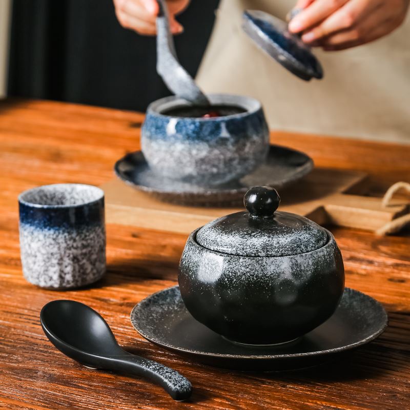 隔水燉盅 日式陶瓷一人份 小湯盅 帶蓋燉罐 燕窩水蒸蛋 茶碗蒸 帶碟 蒸蛋碗套裝 湯碗 小碗✨川島小屋