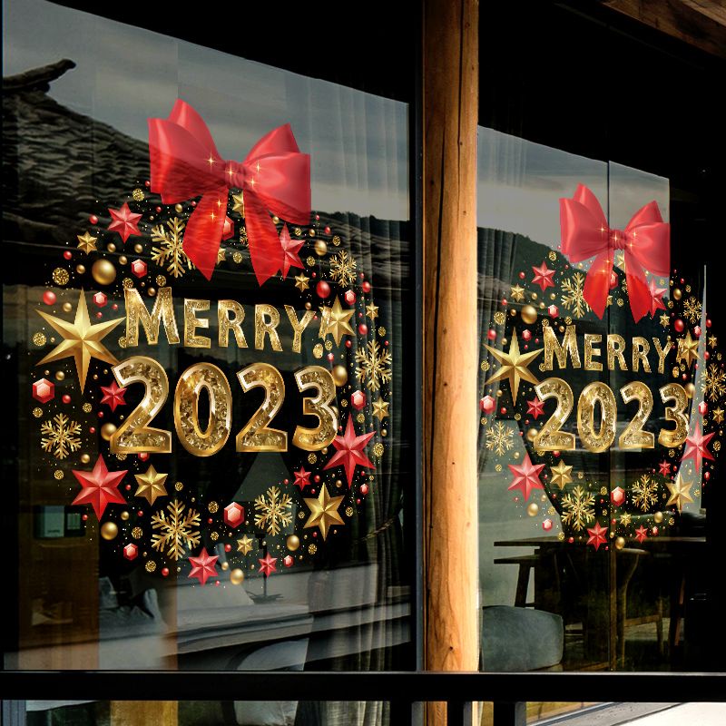 聖誕節貼紙 聖誕節 聖誕老人 聖誕樹 2023圣誕窗貼靜電貼商場店鋪圣誕節玻璃貼紙櫥窗布置裝飾花環門貼