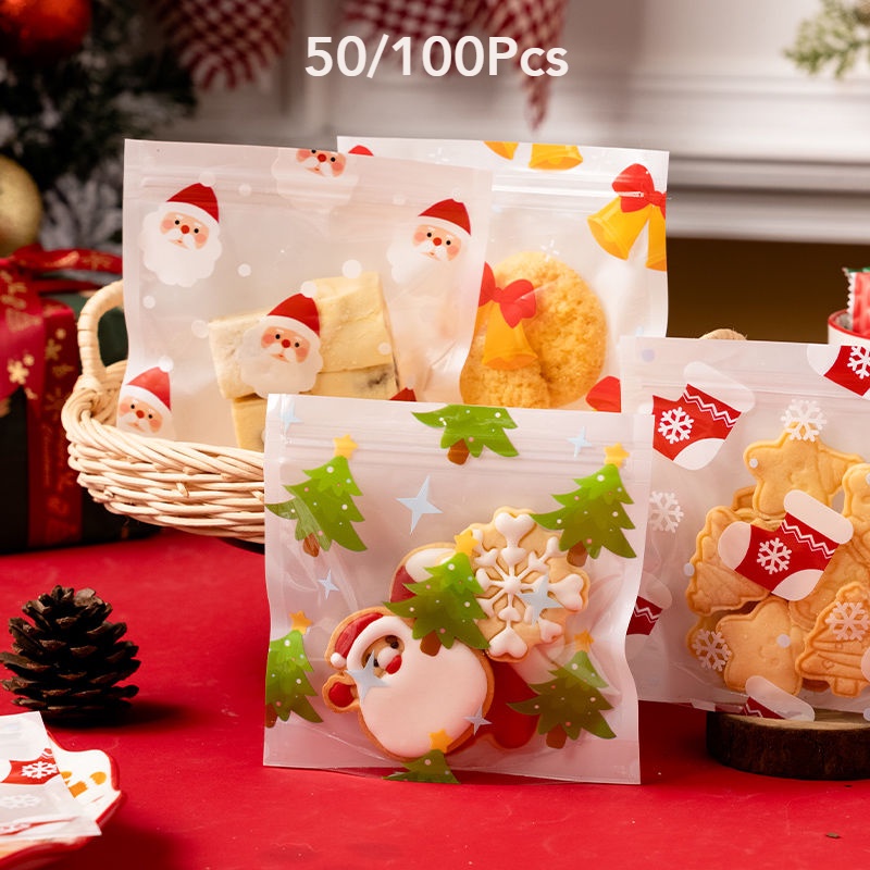 50/100入 聖誕餅乾包裝袋 聖誕夾鏈袋 聖誕節餅乾袋 糖果自封袋 餅乾拉鍊袋 透明包裝袋 密封封口包裝糖果包裝