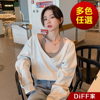 【DIFF】韓版寬鬆V領假兩件運動風薄款長袖上衣 女裝 衣服 寬鬆上衣 顯瘦上衣 長袖t恤 冬裝【W343】