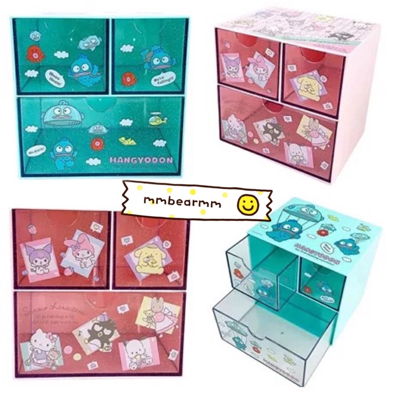 日本正版 kitty雙子星 大耳狗 美樂蒂 庫洛米 家族 人魚漢頓桌上三格收納盒 雙層抽屜收納櫃 抽屜收納盒飾品盒文具盒