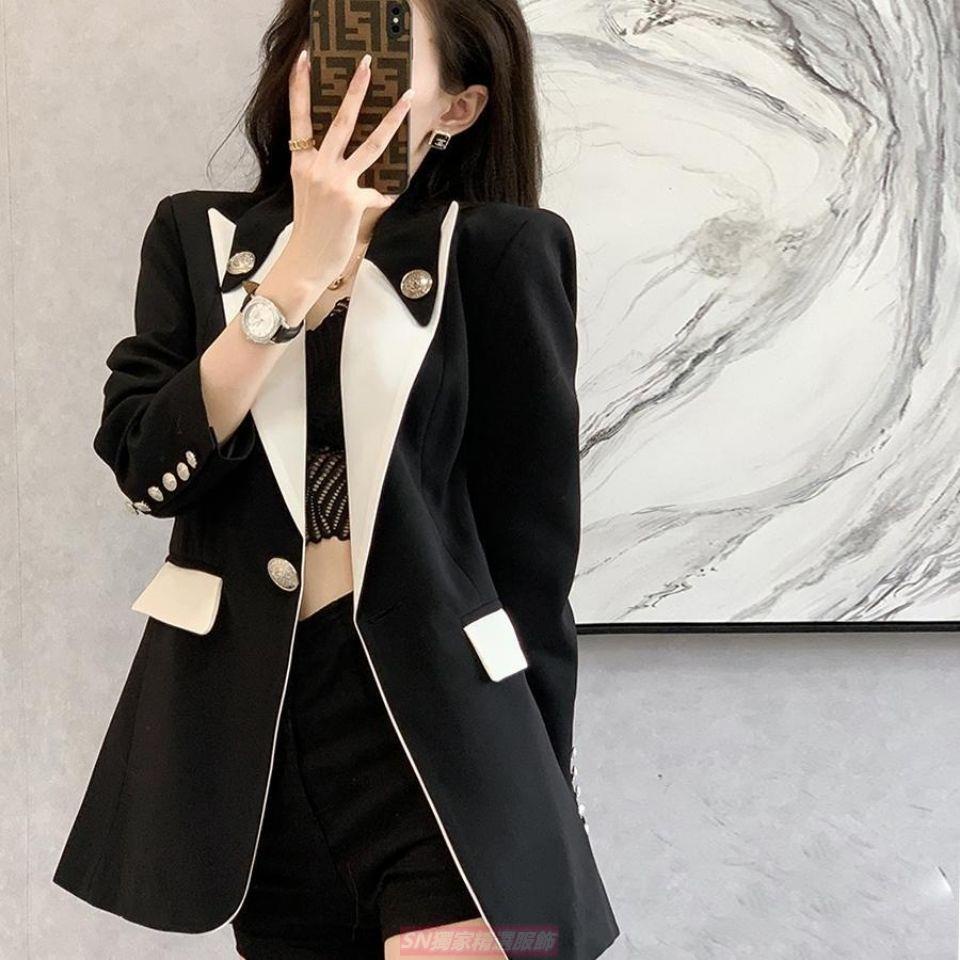 SN👄高級感黑色西裝外套女2022春秋新款法式設計感撞色緊身衣服女潮