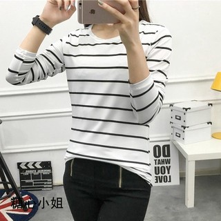 【臺灣有貨】新款韓版大小碼圓領白色條紋女裝寬松顯瘦學院風長袖打底T恤女上衣 流行T恤