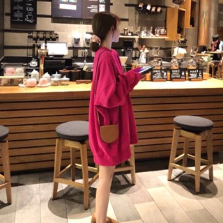 【SHINE GIRL】oversize刷毛大學T女中長款 圓領寬鬆 韓版秋冬2024新款 ins上衣外套