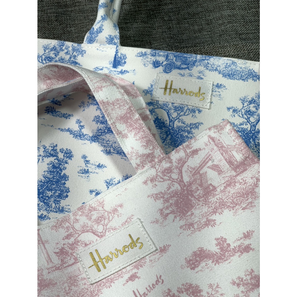 英國直飛 Harrods 手提袋 粉紅/淡藍 麻布印花款 超美 送禮自用 聖誕節禮物 交換禮物