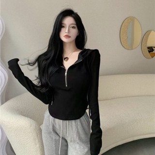 衣時尚.連帽上衣 打底衫 長袖t卹 韓版拉鍊修身長袖連帽T卹女螺紋棉彈力打底衫帽衫MA093-B 4406 Z5