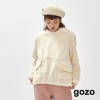 【gozo】造型口袋異材質拼接長袖上衣(米色/深綠_F)｜女裝 顯瘦 休閒