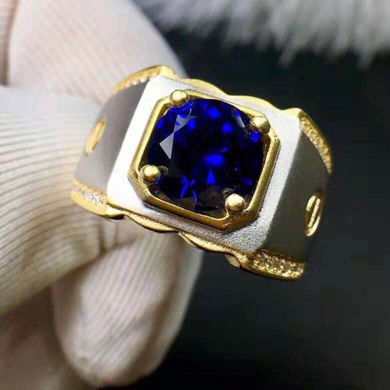 天然藍寶石男士戒指鍍18K坦桑色男戒指環時尚男款彩寶鑽戒 CJPY