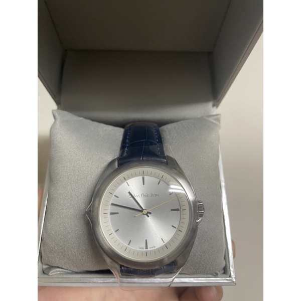 (稀有）CK Calvin Klein 全新素面銀色搭藍色皮錶帶手錶 瑞士製造Swiss Made