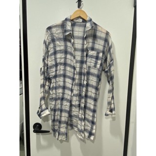 超輕薄藍白格子長版襯衫