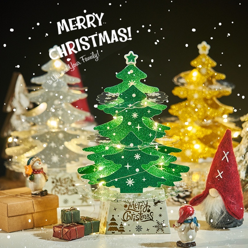 聖誕節 PVC水晶 LED立體聖誕樹 迷你卡片燈飾 五層亮片燈 桌面裝飾 聖誕擺飾 耶誕 【XM0501】《Jami》