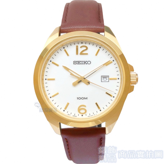 SEIKO 精工表 SUR216P1手錶 白面 金框 日期 咖啡色皮帶 男錶【澄緻精品】