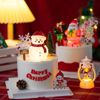 聖誕節蛋糕裝飾發光手提燈夜燈擺件聖誕老人雪人節日快樂插牌插件 雪人聖誕樹軟膠聖誕老人烘焙甜品台擺件