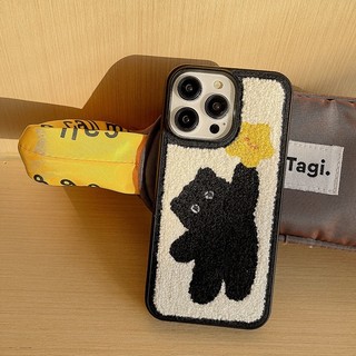 刺繡毛絨星星貓咪 黑貓手機殼 適用II4 II3 I12 I16 IPHONE15 Iphone手機殼 【涵貨】Q005