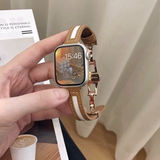 新款 細版蝴蝶扣錶帶 真皮拼帆布錶帶 錶帶Apple watch S8 S7 49mm 45mm 40mm 44mm表帶