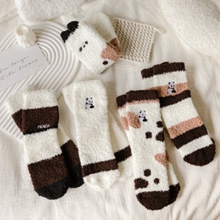 大唐襪業 D361 女士珊瑚絨保暖襪子 冬季厚款熊貓圖案中筒襪