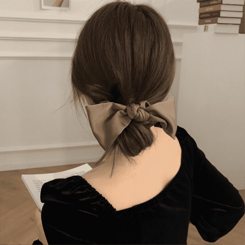 Anna's 黑色蝴蝶結頭飾緞面大腸圈後腦勺髮圈高彈性扎發頭繩飄帶髮飾女夏