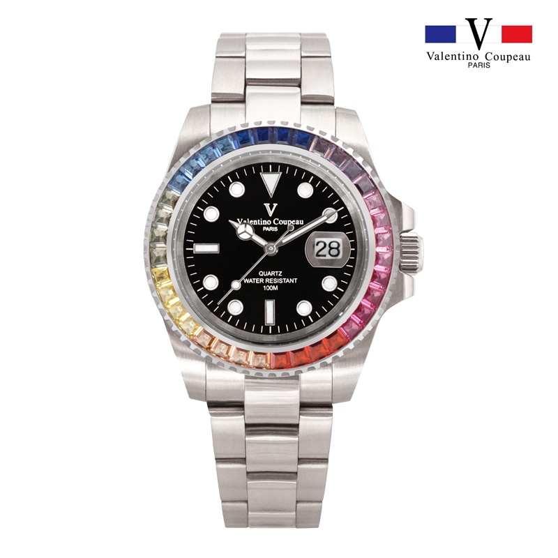 【范倫鐵諾 Valentino Coupeau】T61589AAS 彩虹梯鑽圈經典潛水錶