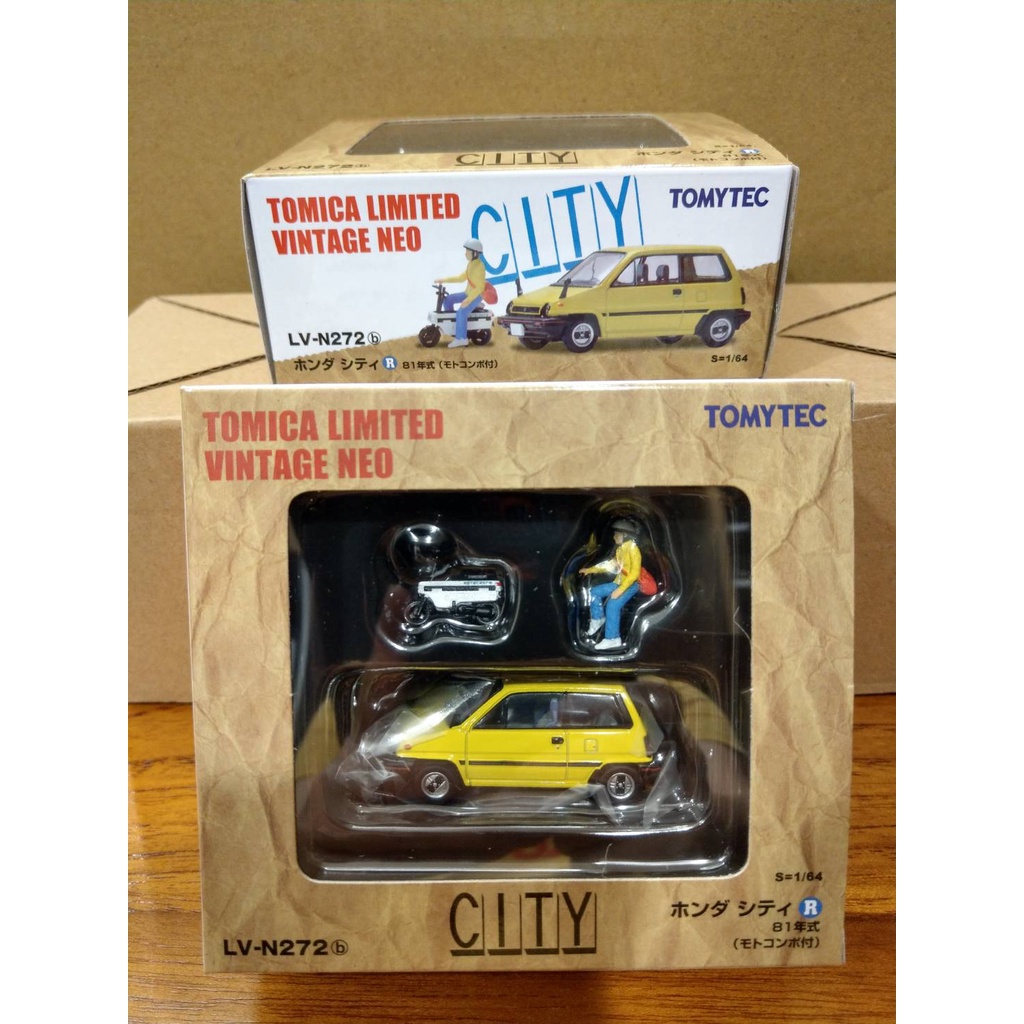 [玩三工作室] 送膠盒TOMYTEC LV-N272b Honda City R（黃）&amp; Motocompo 機車&amp;人偶