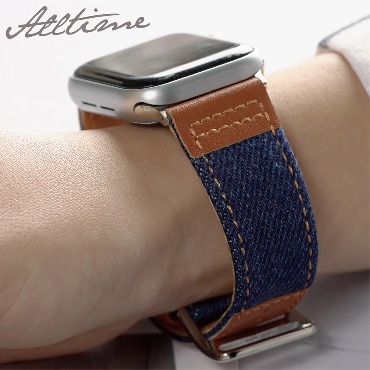 【AllTime】古著風格丹寧真皮 Apple watch通用錶帶 Ultra S11 S10 S9 S8 S7 SE