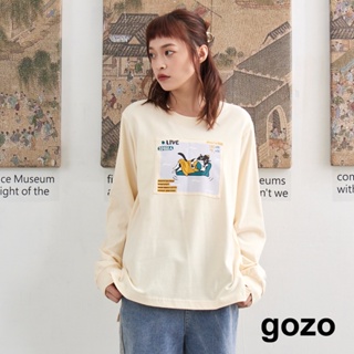 【gozo】貓皇帝避暑微落肩長袖T恤(白色/淺綠_M/L)｜女裝 圓領 休閒