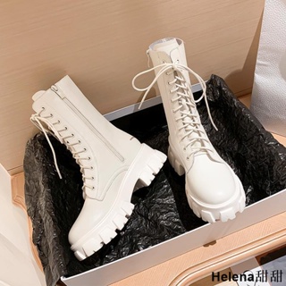 Helena甜甜🎀馬丁靴 馬丁靴女2021春秋新款白色薄款中筒透氣厚底單靴潮流百搭機車短靴