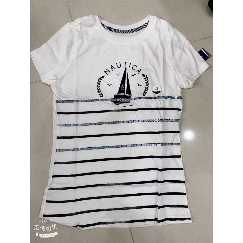 全新 NAUTICA/諾帝卡  100%純棉 女生 夏季休閒圓領短袖T恤 白色條紋 帆船款 XS