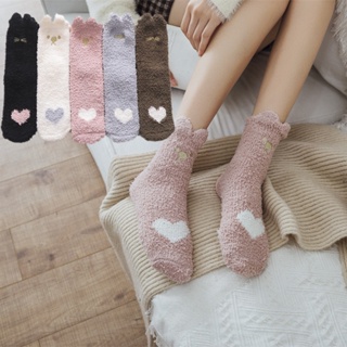 日本3d刺繡珊瑚絨襪子女冬季加厚中筒襪可愛金色貓爪卡通襪子柔軟羽絨家用長襪地板襪