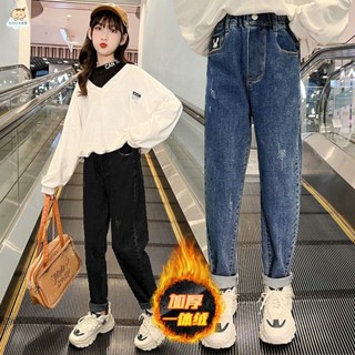 女童長褲 休閒長褲 外出褲 女童加絨牛仔褲秋冬2022新款兒童春秋裝 長褲女大童加厚一體絨褲子