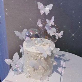 10 件裝蛋糕裝飾白色半透明蝴蝶生日快樂蛋糕裝飾生日甜點