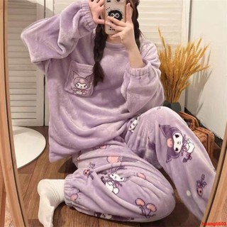 火爆熱賣♥日系可愛睡衣 家居服 庫洛米秋冬季珊瑚絨睡衣少女卡通新款加絨加厚學生家居服兩件套裝ELVE