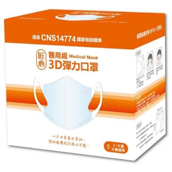 匠心藍色3D彈力醫用口罩50入(5-8歲兒童適用)