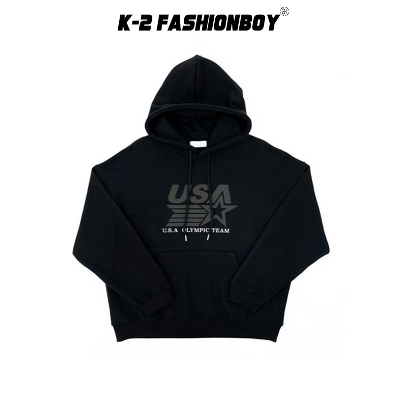 【K-2】韓國 USA 字母 六芒星 發泡 大口袋 連帽上衣 帽T 長袖 秋冬 K2 基本 個性 上衣【Z11119】