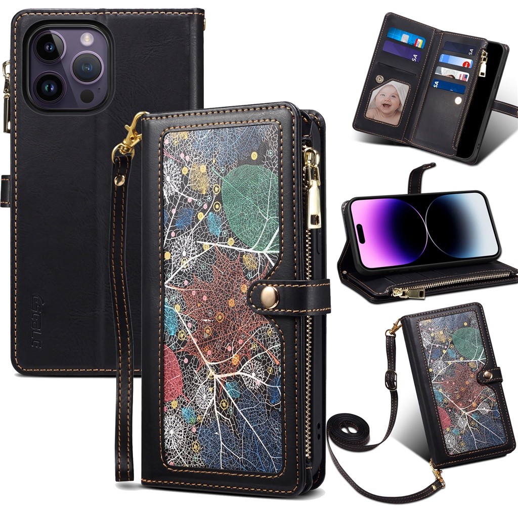 Iphone 15 Pro Max 15Plus 15Pro 錢包卡槽手機套花卉圖案皮革翻蓋保護套帶免費繩索