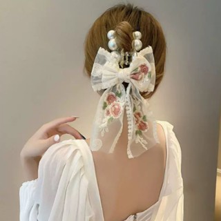 蝴蝶結珍珠爪夾女髮夾蕾絲絲帶髮夾時尚少女鯊魚夾髮飾