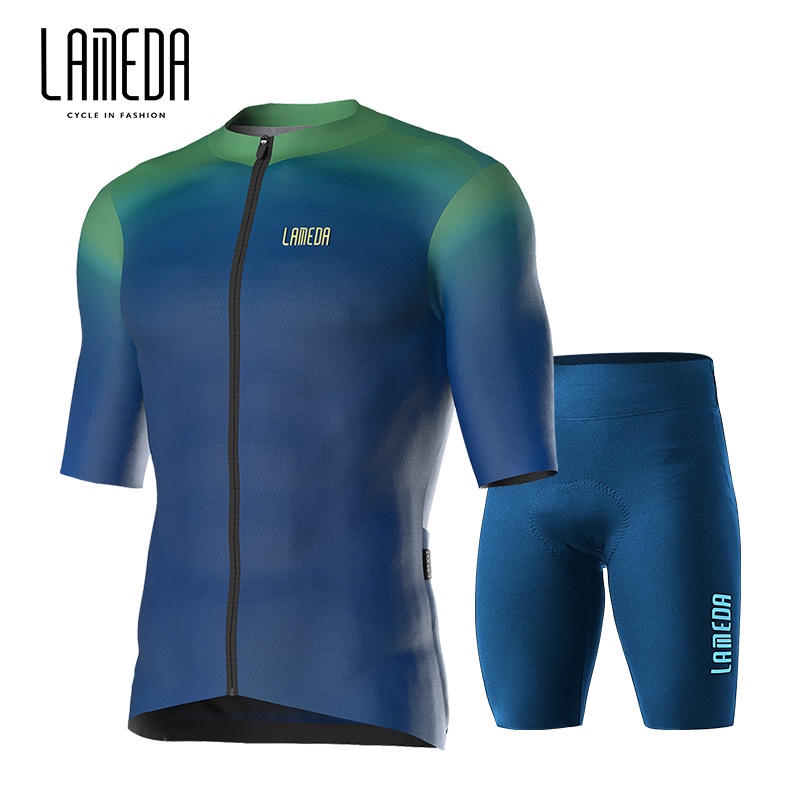 Lameda Blue Pro 緊身騎行球衣套裝男士短袖上衣夏季騎行服裝 3 口袋全拉鍊比賽