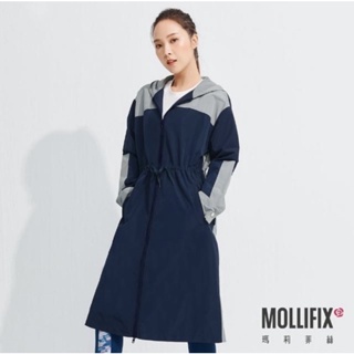 【Mollifix 瑪莉菲絲】撞色連帽長版風衣外套(藍+灰)