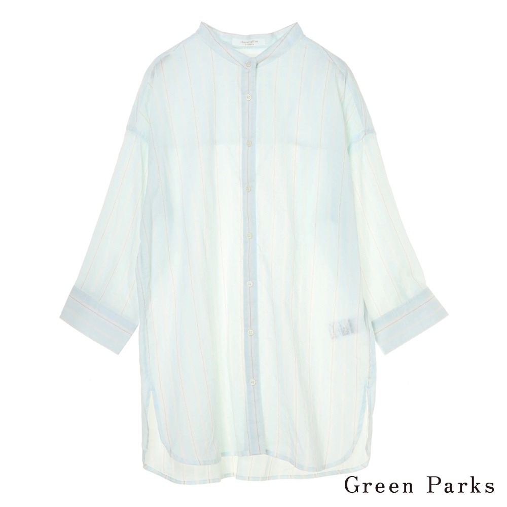 Green Parks 條紋圓領開叉襯衫上衣(6A16L0A0900)