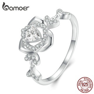 Bamoer 925 純銀簡約玫瑰戒指多種尺寸時尚首飾男女學生