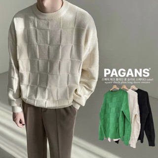 【PAGANS STORE】韓國 方塊 格紋 方格 針織 寬鬆 落肩 長袖 大學Tee 毛衣 (3 color)