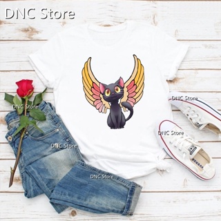 蒸汽朋克黑貓帶時鐘和翅膀卡通印花女式 T 恤時尚 90 年代女孩 T 恤夏季 T 恤女性上衣