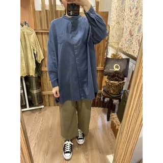 🌿Midori shop🐿日本帶回 水洗藍色棉麻寬鬆立領襯衫上衣