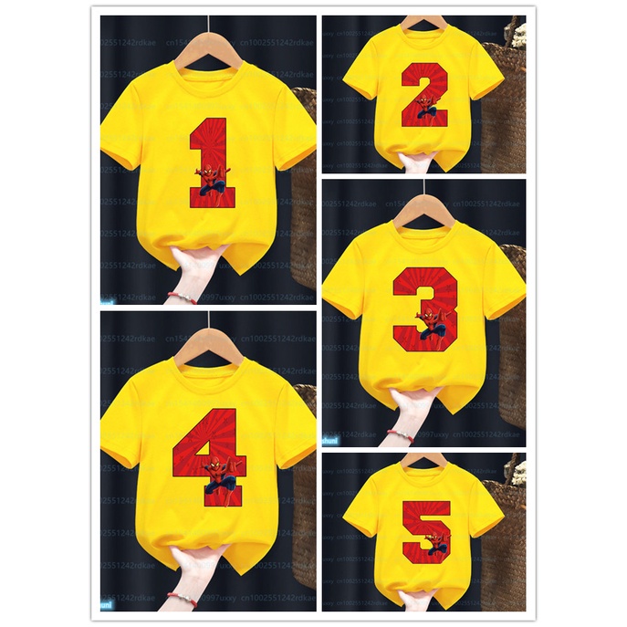 新品 2023 男童 t 恤 Marvel Spider Man 1、2、3、4、5、6、7、8、9 歲生日數碼印花童裝