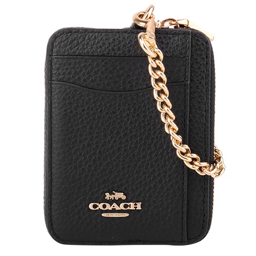 COACH- 金屬LOGO 荔枝紋全皮方型卡夾鍊帶零錢包(黑)