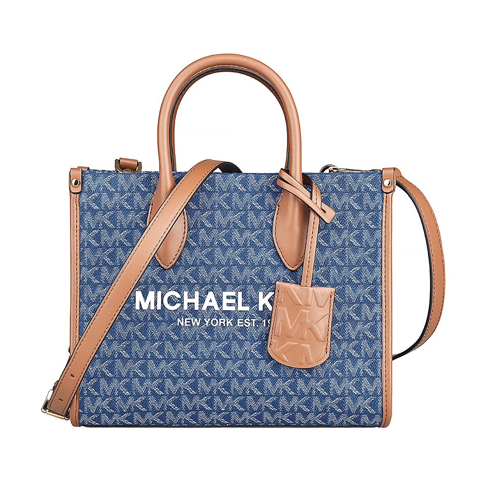 MK MICHAEL KORS MIRELLA字母LOGO印花單寧布滾邊牛皮拉鍊手提斜背托特包(小/深藍x橡子棕)