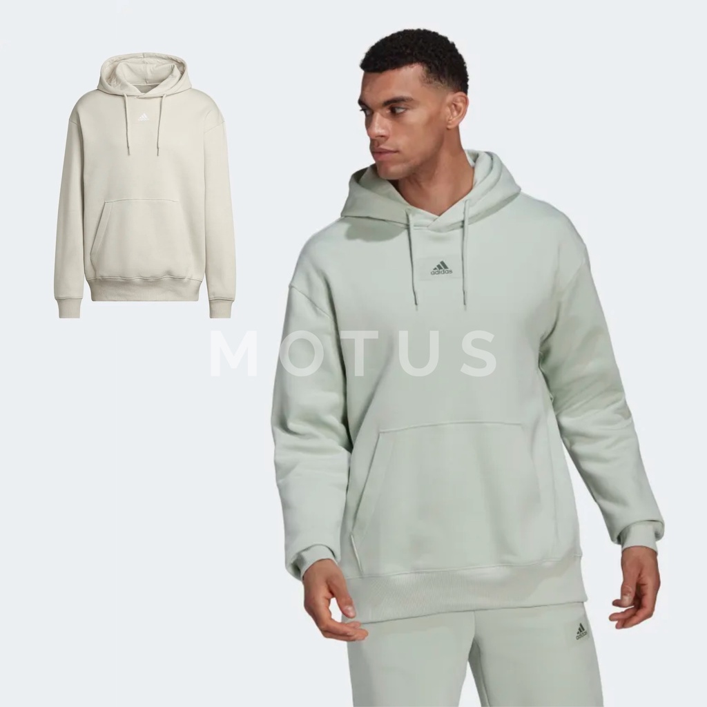 Motus | Adidas Essentials Logo 男 帽T 米白 綠 HK2825 HK2823