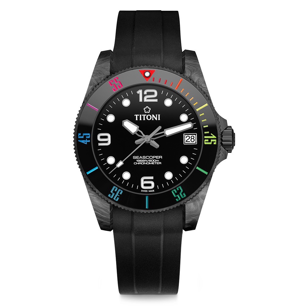 【TITONI梅花錶】83600C-RA-256 海洋探索系列 鍛造碳纖維錶殼 鈦合金錶冠 CARBON款 陶瓷彩虹圈